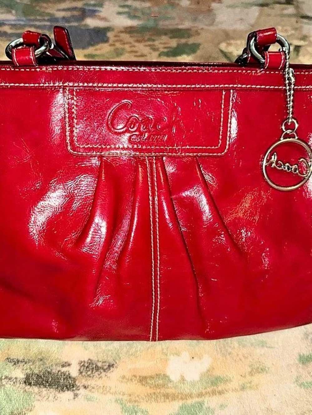 Coach Patent Leather Pleated Gallery Tote Red Shoulder Bag